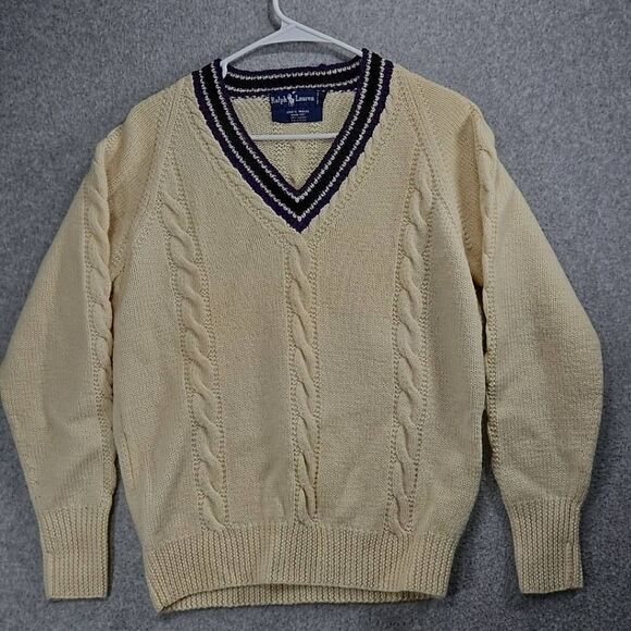Ralph Lauren V Neck Tennis Sweater Med White Cricket Cable Hand Knit Academia